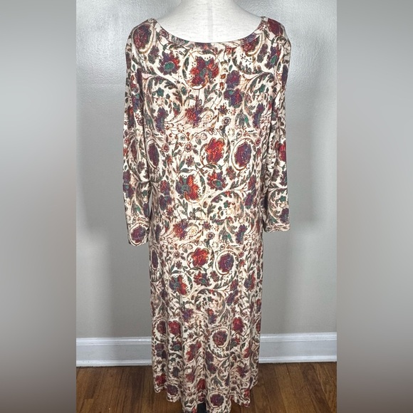 Peruvian Connection Floral “Lucine Jersey Dress” 3/4 Sleeve Pockets Midi Size L - Picture 7 of 11